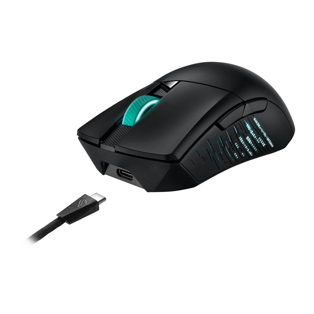 ASUS ROG Gladius III 19000 DPI Preto, vista superior: roda com iluminação roxa e logótipo ROG vermelho - Item4