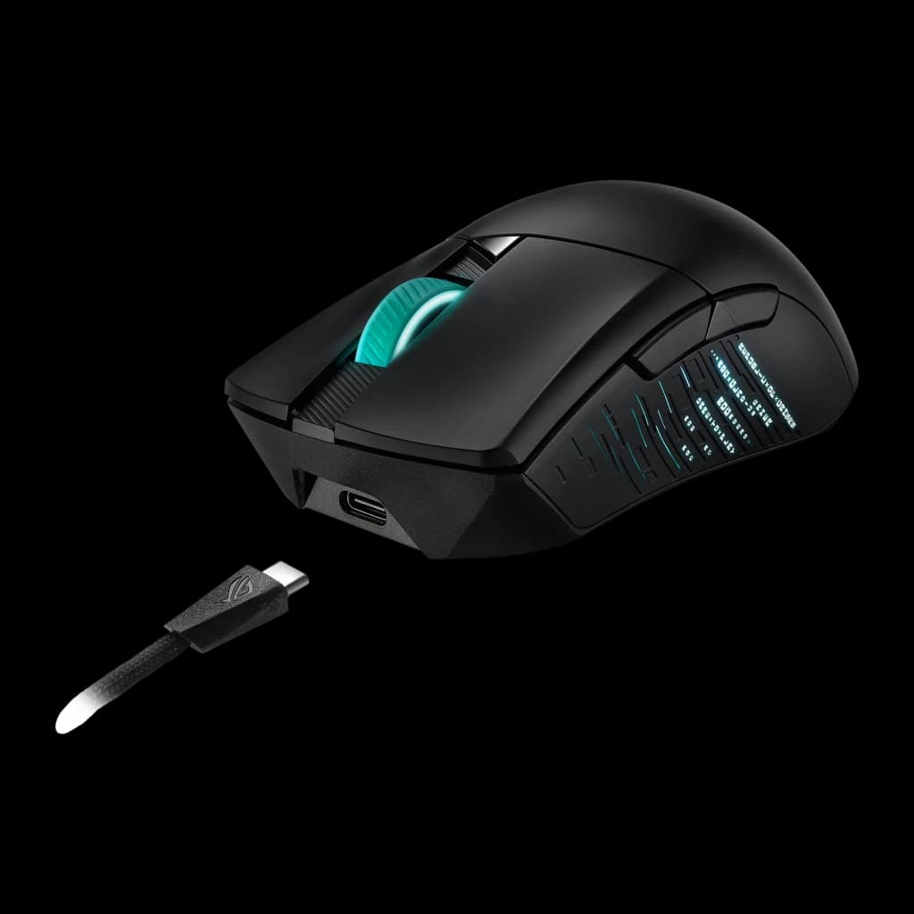ASUS ROG Gladius III 19000 DPI Noir, vue latérale en angle: molette turquoise, port USB-C et câble tressé
