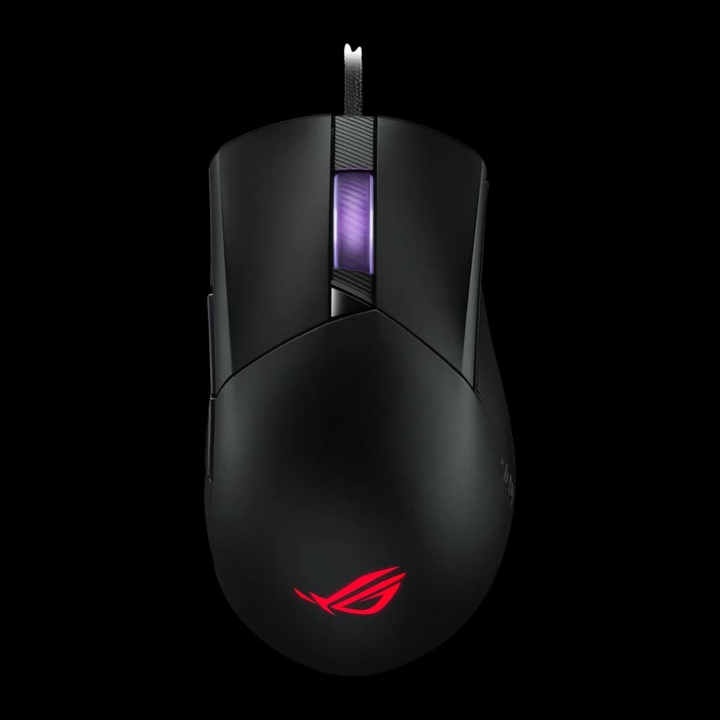 ASUS ROG Gladius III 19000 DPI Noir, vue dessus: molette éclairée en violet et logo ROG rouge