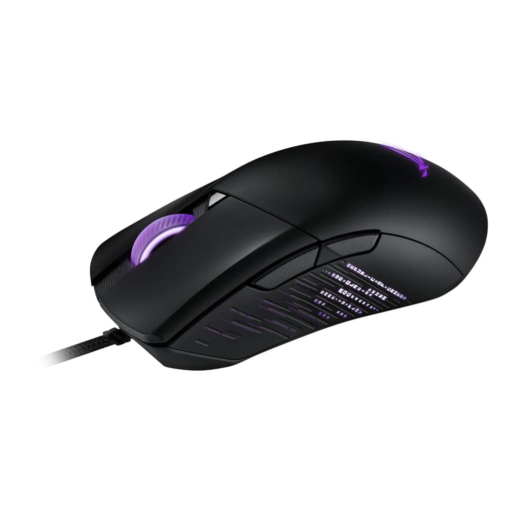 ASUS ROG Gladius III 19000 DPI Noir, vue latérale: éclairage RGB violet sur molette et logo ROG, câble tressé visible