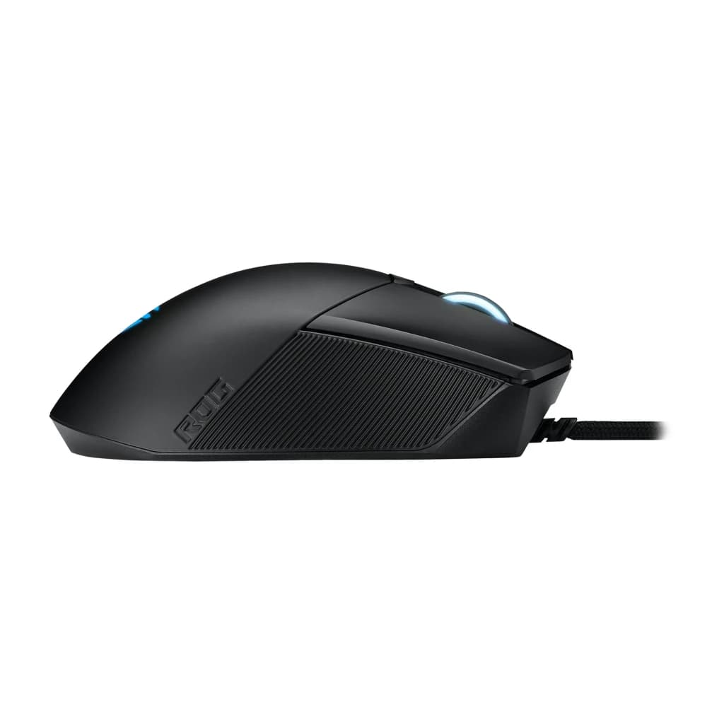 ASUS ROG Gladius III 19000 DPI Noir, vue latérale: grip texturé, logo ROG, éclairage RGB bleu et câble tressé