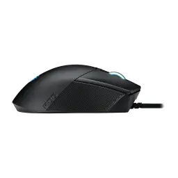 ASUS ROG Gladius III 19000 DPI Noir, vue latérale: grip texturé, logo ROG, éclairage RGB bleu et câble tressé