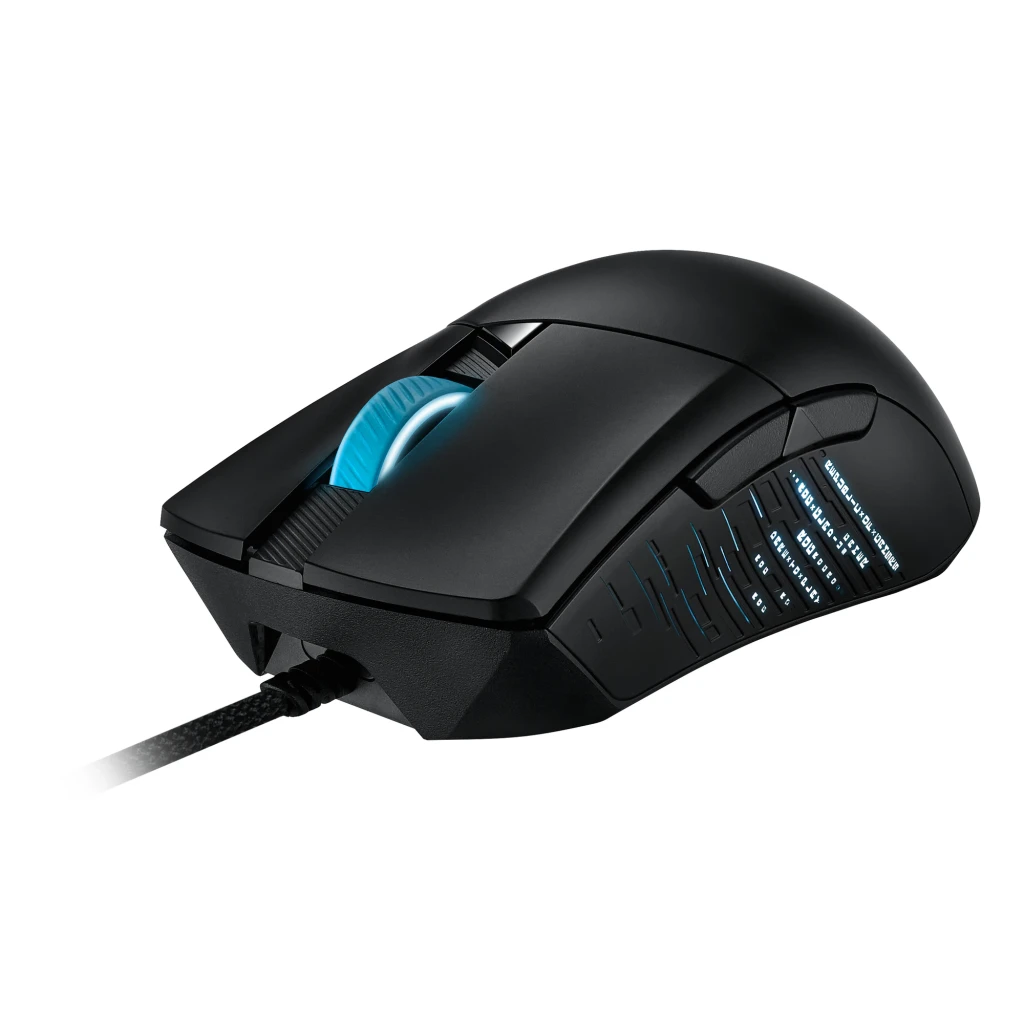ASUS ROG Gladius III 19000 DPI Preto, vista superior: roda com iluminação roxa e logótipo ROG vermelho - Item3