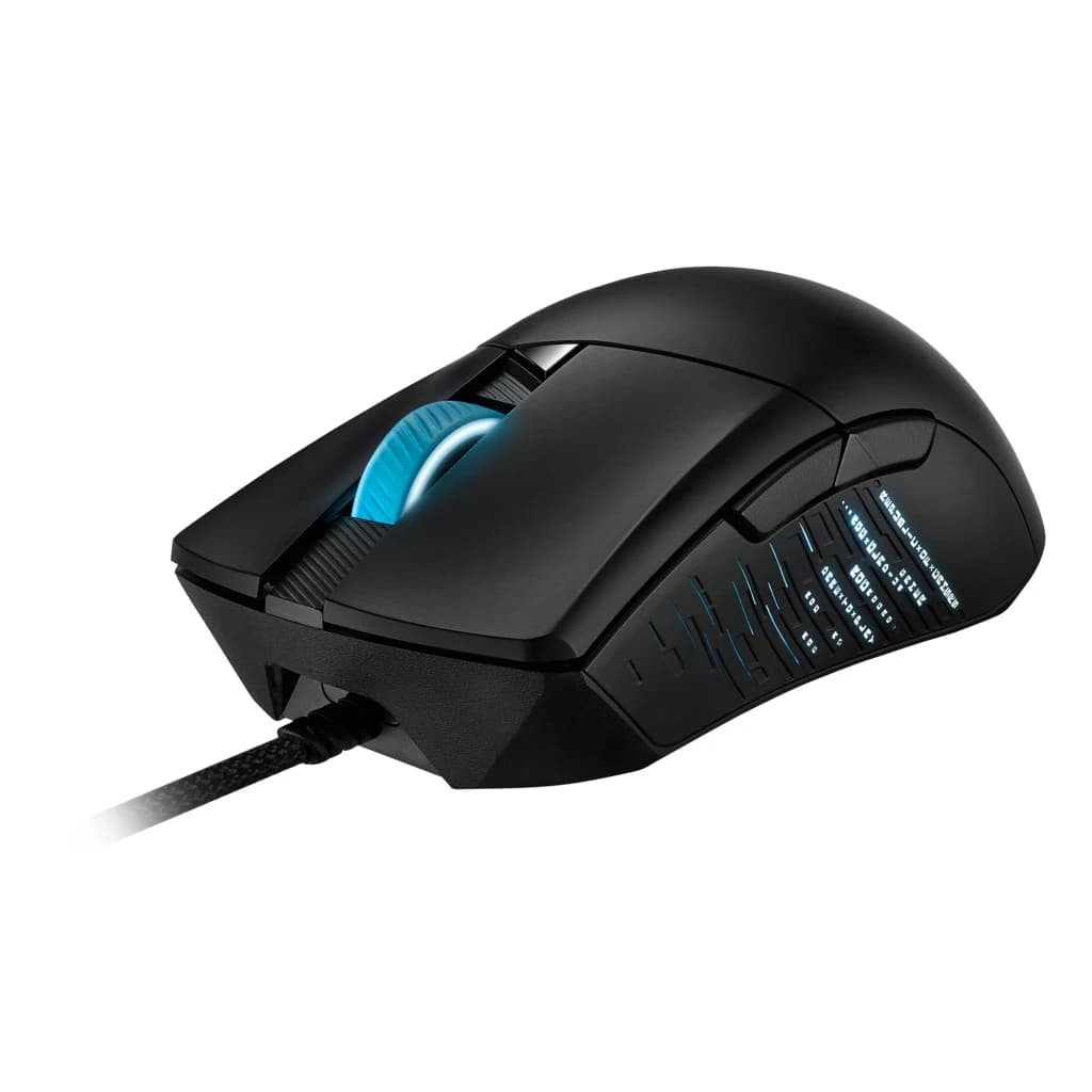 ASUS ROG Gladius III 19000 DPI noir, vue latérale: molette éclairée en bleu, fentes RGB sur le flanc et câble tressé