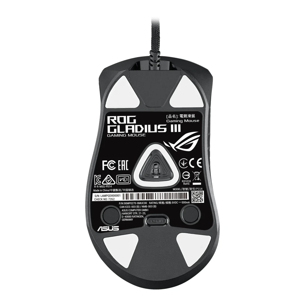 ASUS ROG Gladius III 19000 DPI Preto, vista superior: roda com iluminação roxa e logótipo ROG vermelho - Item6