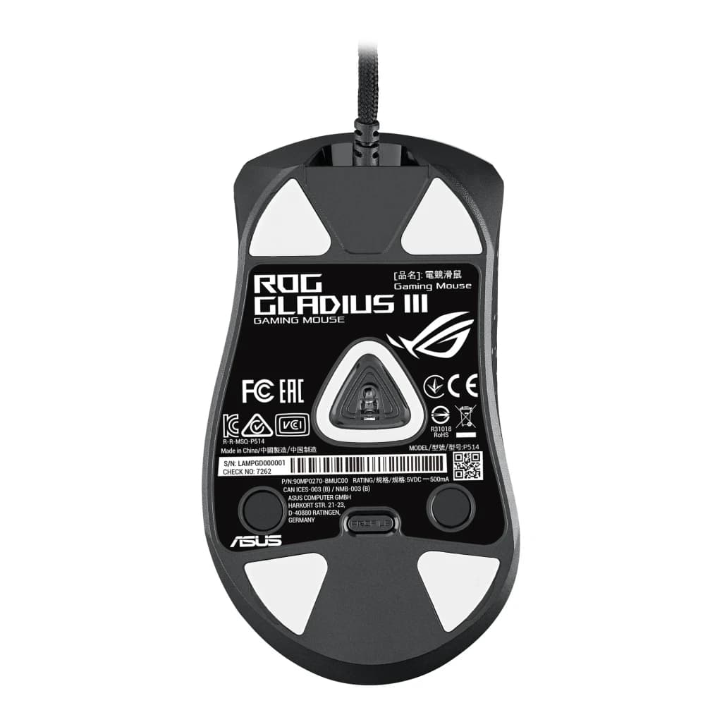 ASUS ROG Gladius III 19000 DPI Noir, vue inférieure: capteur optique central, patins blancs et étiquette ROG