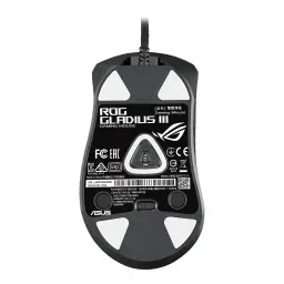 ASUS ROG Gladius III 19000 DPI Noir, vue inférieure: capteur optique central, patins blancs et étiquette ROG