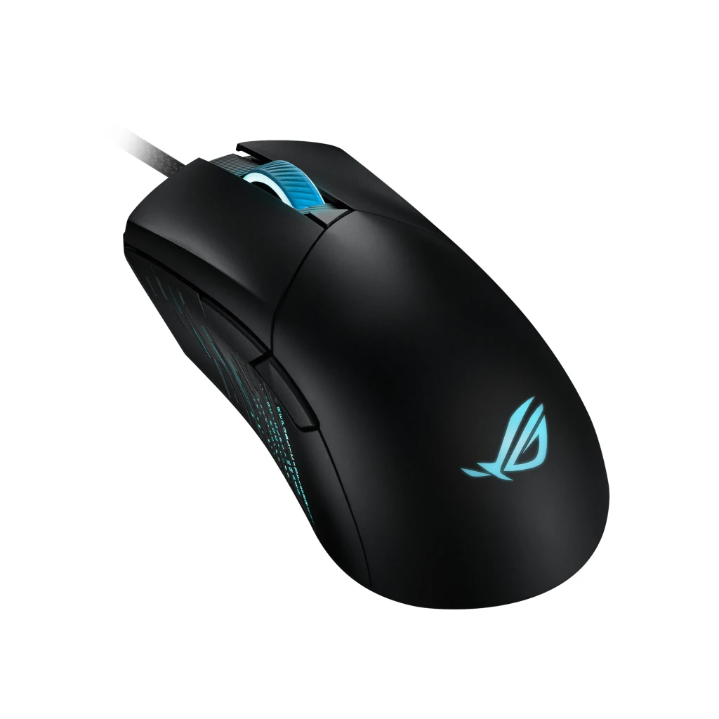 ASUS ROG Gladius III 19000 DPI Preto, vista superior: roda com iluminação roxa e logótipo ROG vermelho - Item1