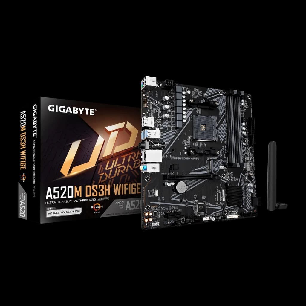 Gigabyte A520M DS3H WIFI6E, packshot com caixa: placa-mãe preta em ângulo ao lado da caixa retail e antena WiFi