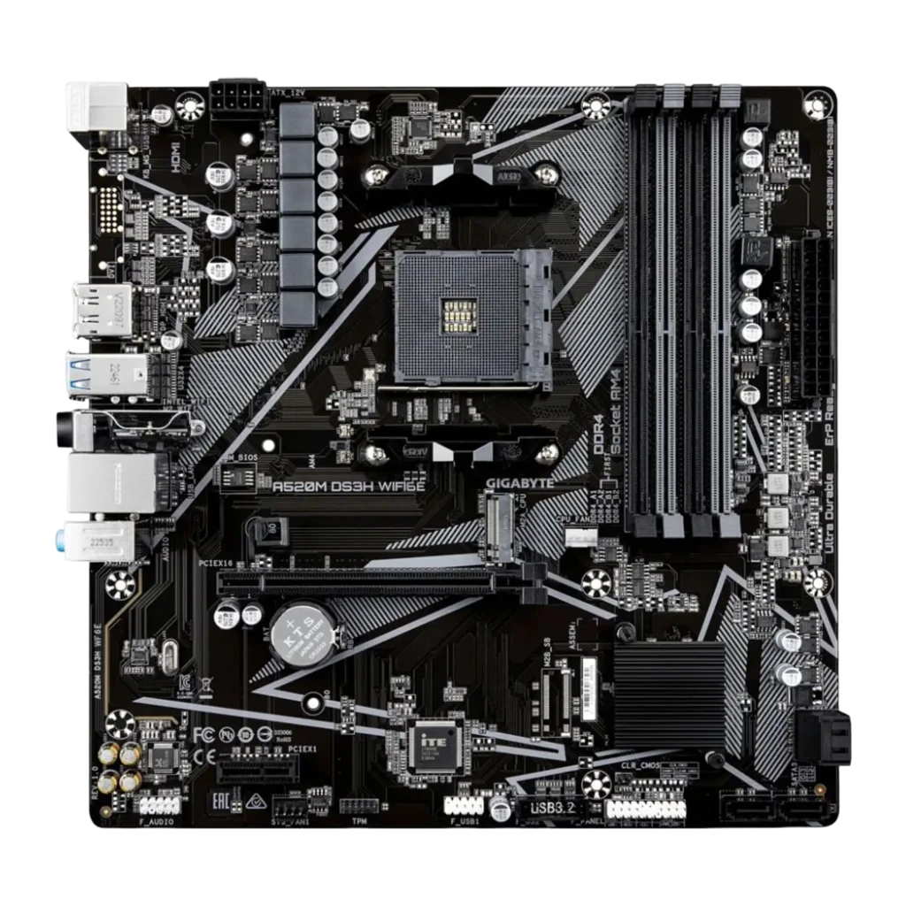 Gigabyte A520M DS3H WIFI6E, packshot com caixa: placa-mãe preta em ângulo ao lado da caixa retail e antena WiFi - Item1