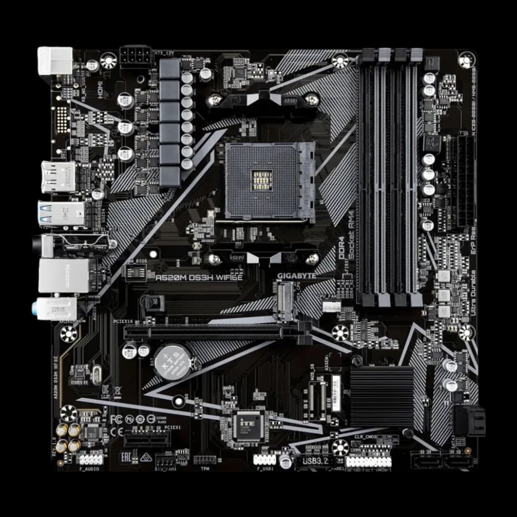 Gigabyte A520M DS3H WIFI6E, vista superior: placa-mãe Micro ATX preta, socket AM4, slots DDR4 e PCIe visíveis