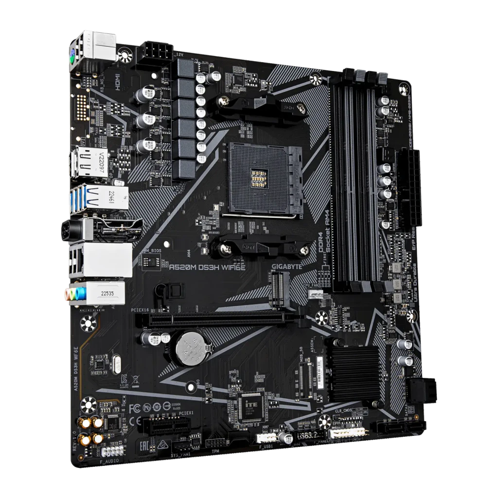 Gigabyte A520M DS3H WIFI6E, packshot com caixa: placa-mãe preta em ângulo ao lado da caixa retail e antena WiFi - Item3