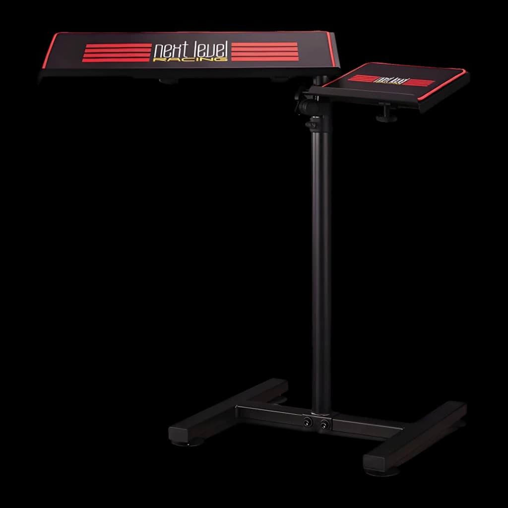 Next Level Racing Suporte Free Standing Keyboard & Mouse preto, vista lateral: duas bandejas ajustáveis com logo e base em T