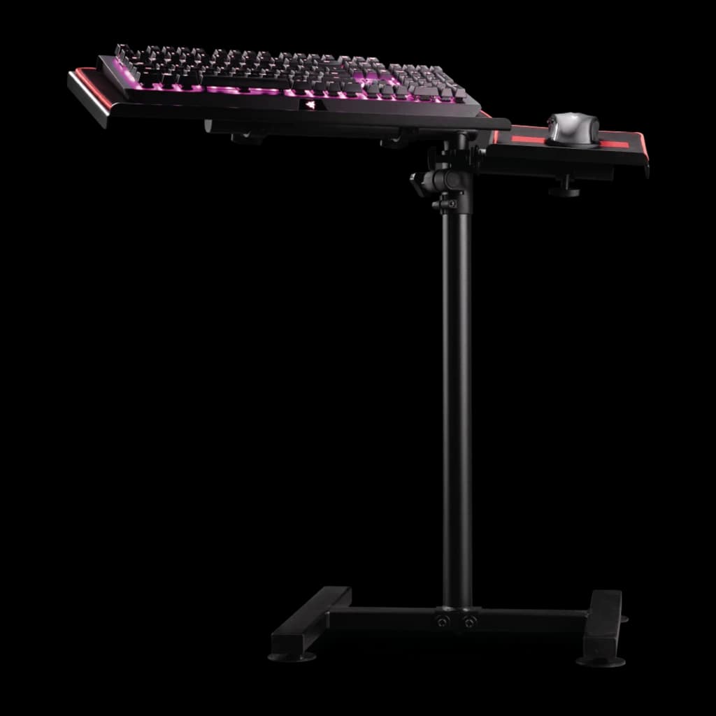 Next Level Racing Suporte Free Standing Keyboard & Mouse, vista lateral: teclado RGB e rato montados nas bandejas, poste