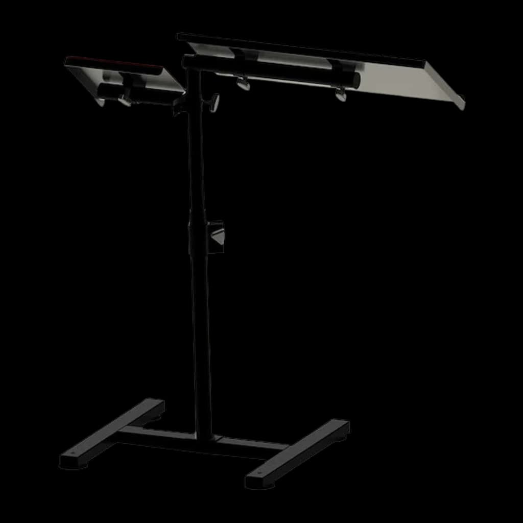 Next Level Racing Suporte Free Standing Keyboard & Mouse, vista diagonal: estrutura completa com bandeja de teclado e apoio