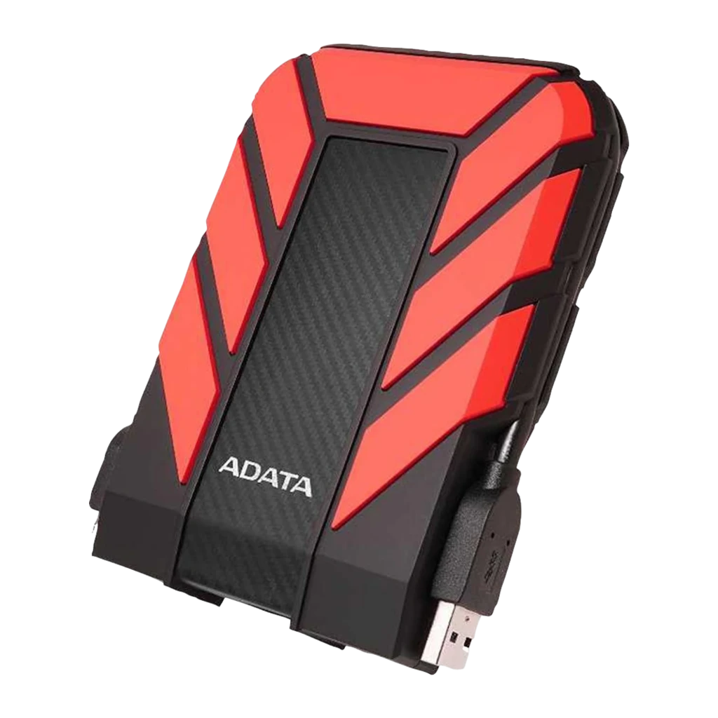 ADATA HD710 Pro 1TB negro, vista en ángulo: lateral con cable USB conectado y protecciones rojas