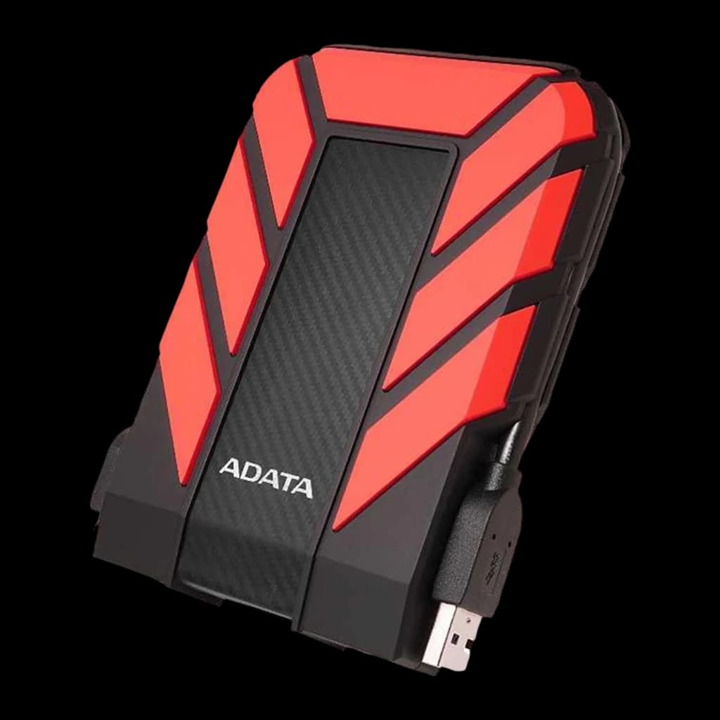 ADATA HD710 Pro 1TB negro, vista en ángulo: lateral con cable USB conectado y protecciones rojas