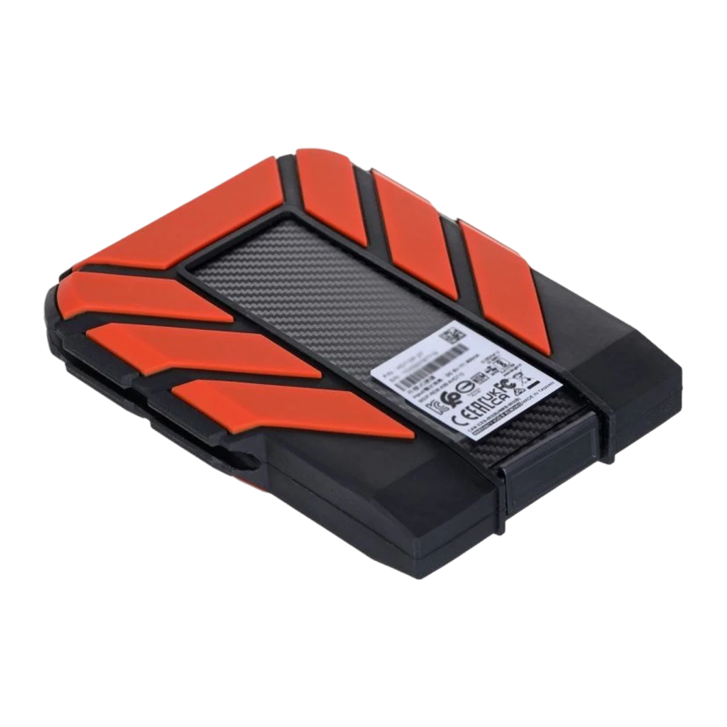 ADATA HD710 Pro 1TB negro, vista trasera en perspectiva: etiqueta de certificaciones y bumpers rojos