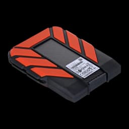 ADATA HD710 Pro 1TB negro, vista trasera en perspectiva: etiqueta de certificaciones y bumpers rojos