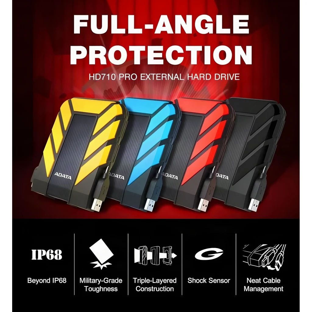 ADATA HD710 Pro 1TB negro, infografía: 4 colores disponibles, protección IP68, construcción triple capa y sensor de golpes