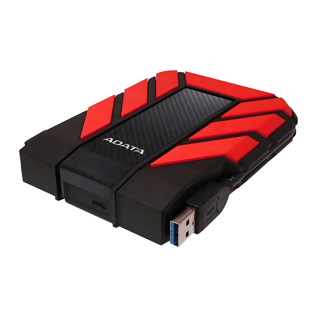 ADATA HD710 Pro 1TB negro, vista en perspectiva: carcasa rugosa roja y negra con cable USB 3.0 conectado