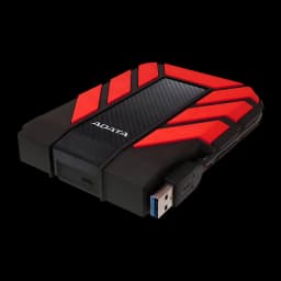 ADATA HD710 Pro 1TB negro, vista en perspectiva: carcasa rugosa roja y negra con cable USB 3.0 conectado