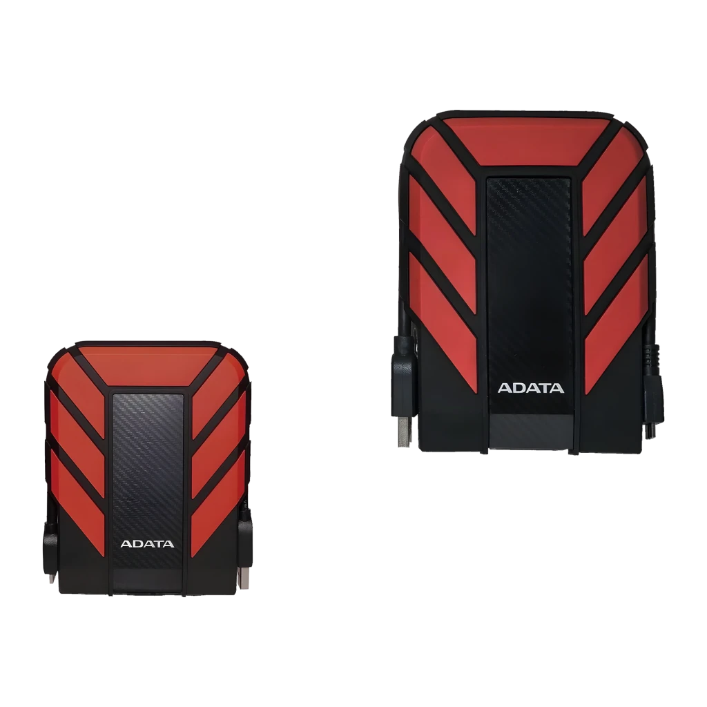 ADATA HD710 Pro 1TB negro y rojo, vista frontal doble: carcasa reforzada con franjas rojas y textura carbono, cable USB