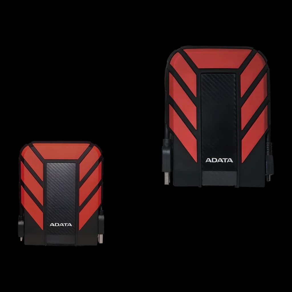 ADATA HD710 Pro 1TB negro y rojo, vista frontal doble: carcasa reforzada con franjas rojas y textura carbono, cable USB