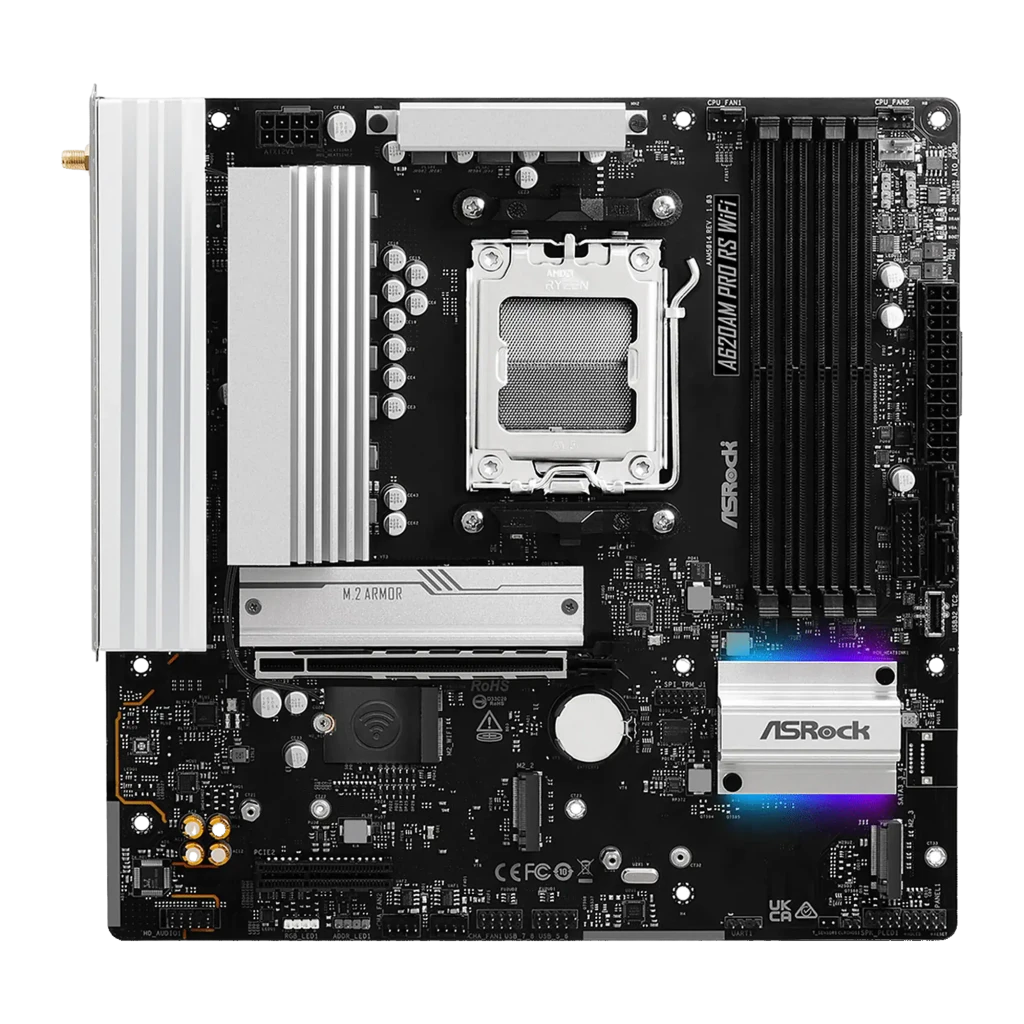 ASRock A620AM Pro RS micro ATX AM5, vue avec boîte: carte mère et emballage côte à côte, dissipateurs blancs et socket AM5 - Ítem3