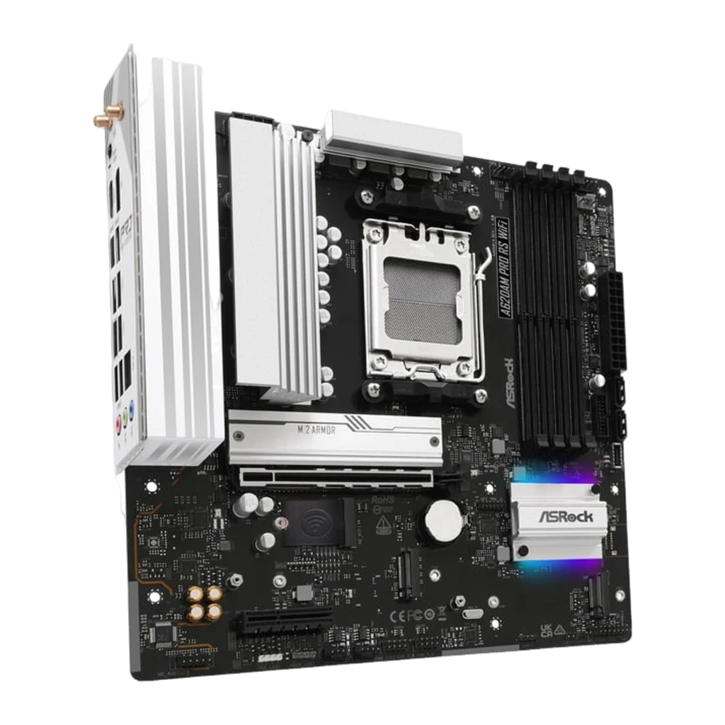 ASRock A620AM Pro RS micro ATX AM5, vue avec boîte: carte mère et emballage côte à côte, dissipateurs blancs et socket AM5 - Ítem1