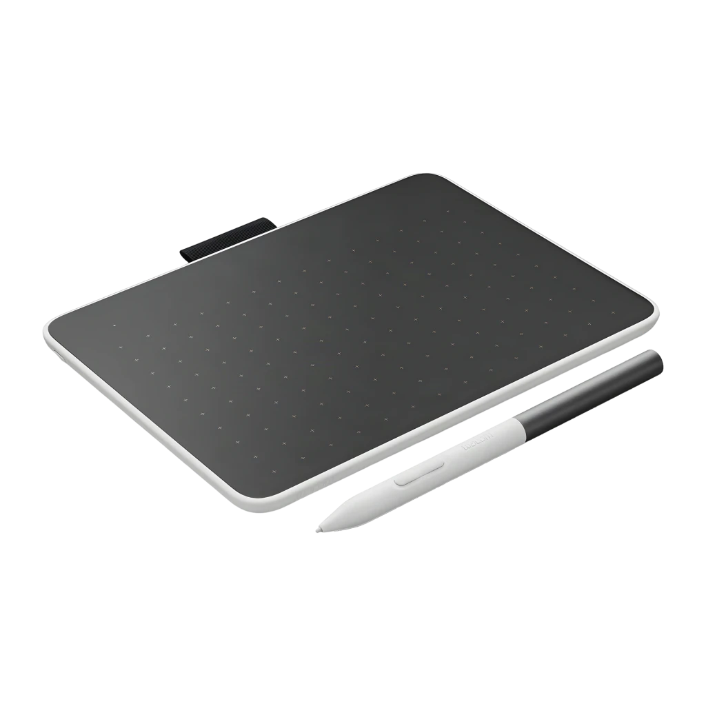Wacom One pen tablet small preto, vista frontal: superfície ativa com cruzes de referência e caneta incluída à direita - Item1