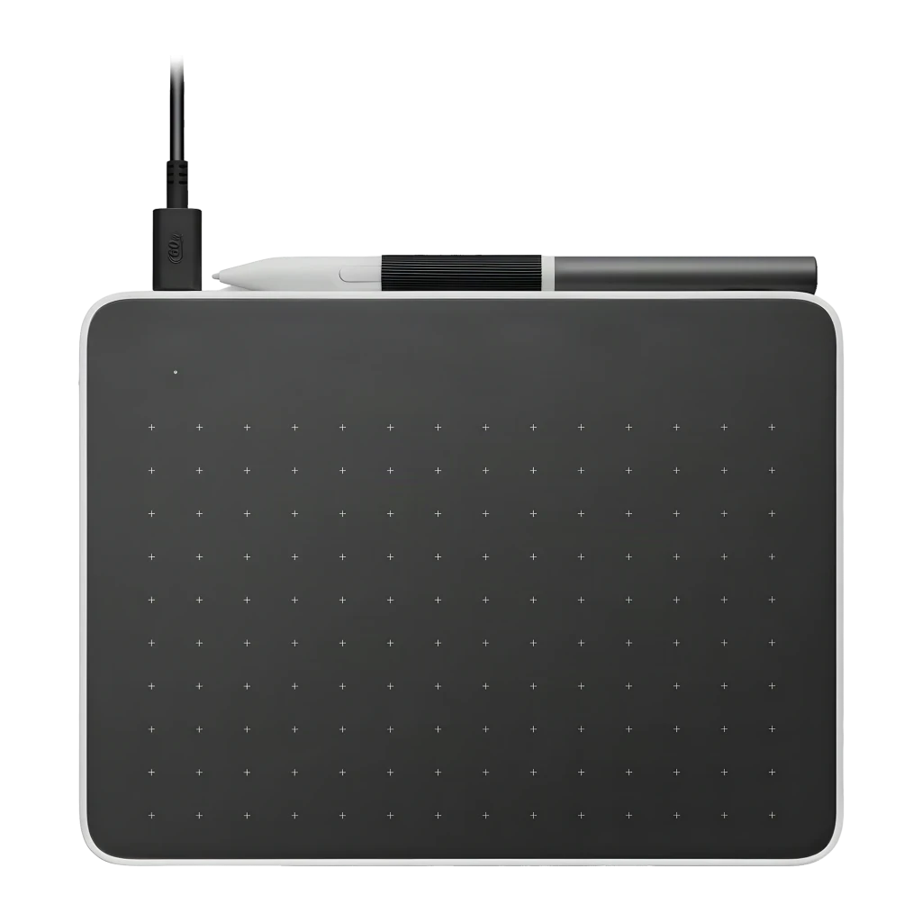 Wacom One pen tablet small preto, vista frontal: superfície ativa com cruzes de referência e caneta incluída à direita - Item2