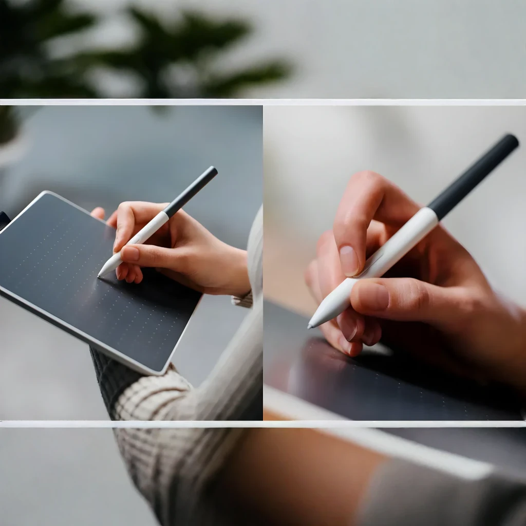 Wacom One pen tablet small preto, vista frontal: superfície ativa com cruzes de referência e caneta incluída à direita - Item4
