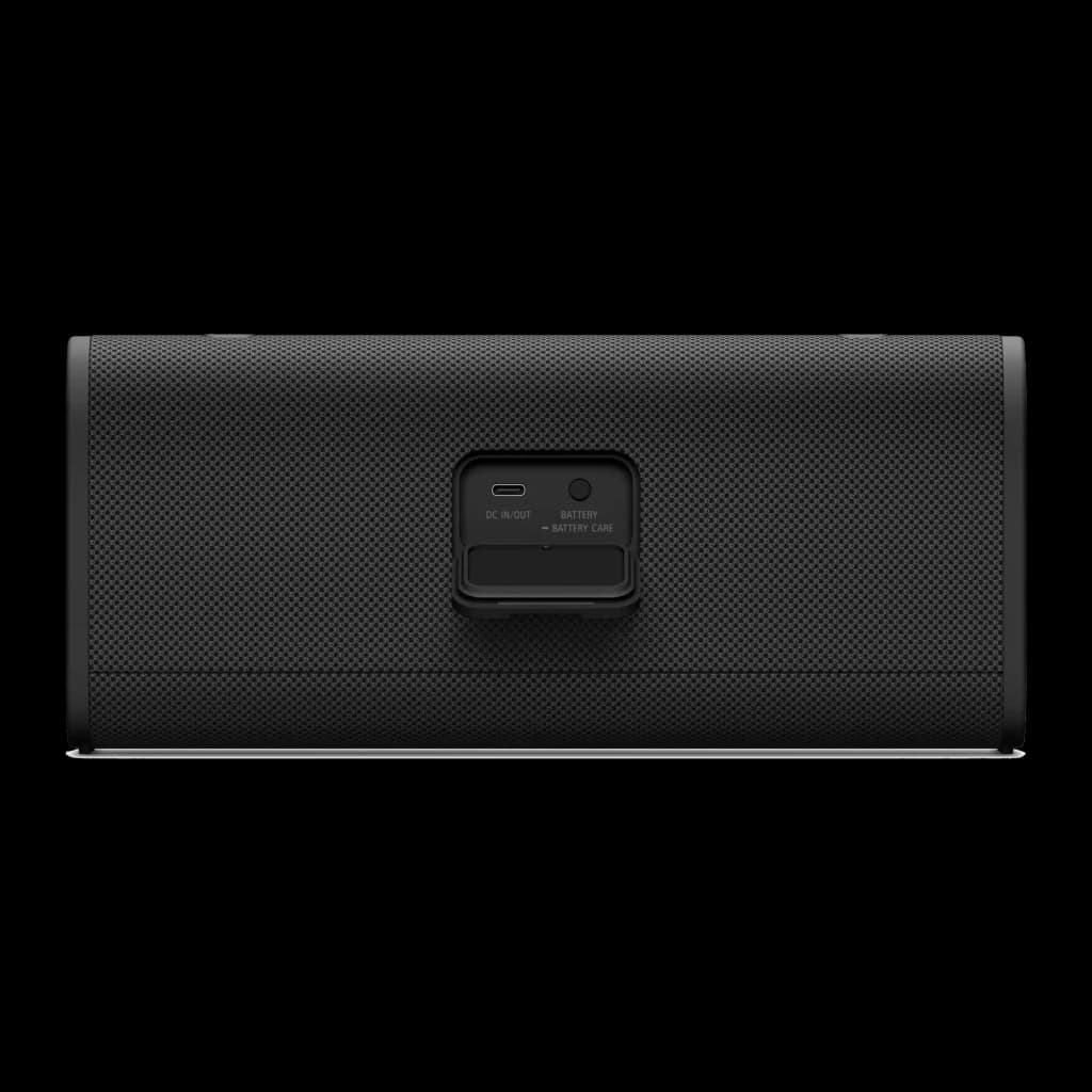 Sony SRS-ULT30 ULT FIELD 3 negro, vista trasera: puerto USB-C DC IN/OUT, botón battery care y tapa protectora central