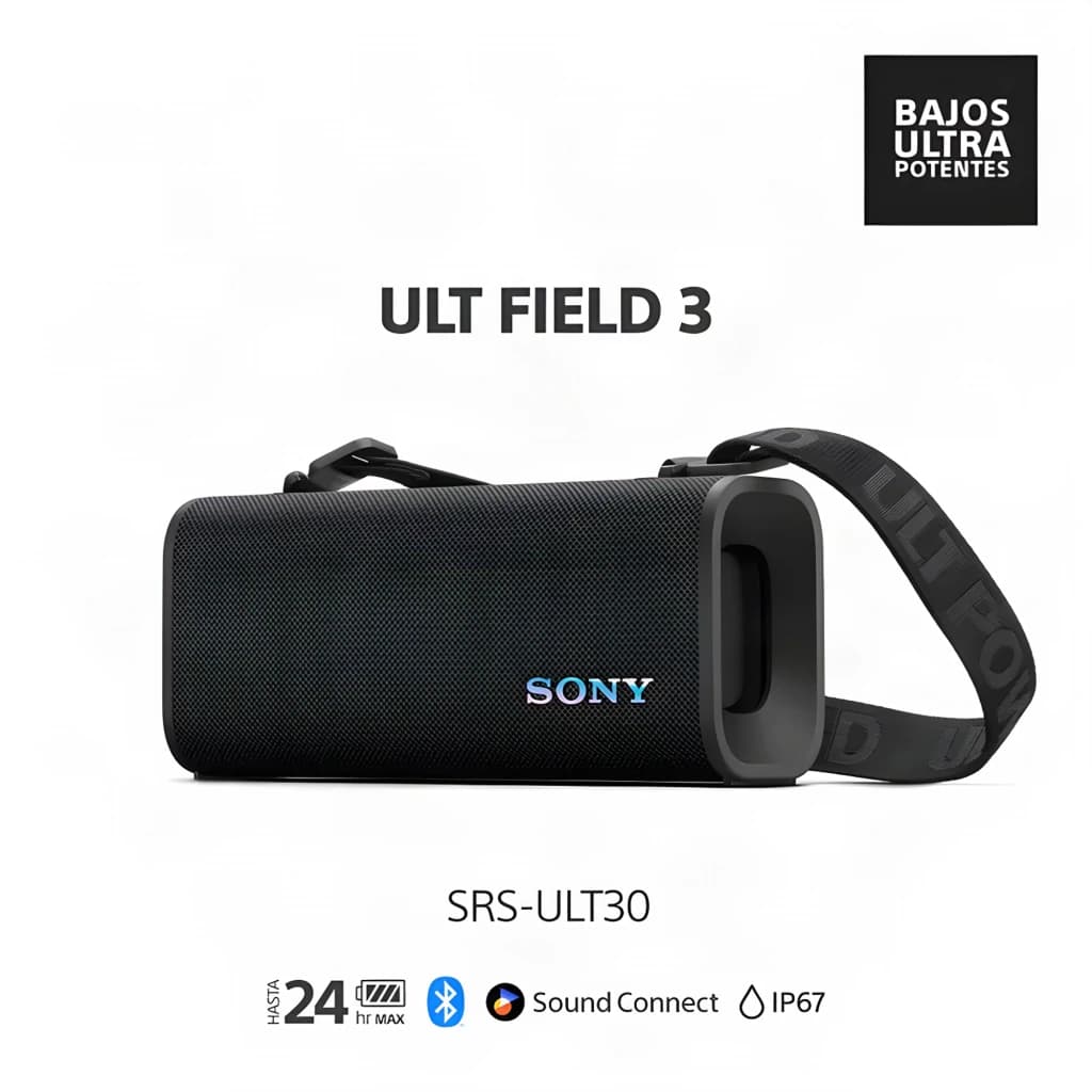 Sony ULT FIELD 3 SRS-ULT30 negro, vista frontal en ángulo: malla textil, asa con correa ULT y logo Sony visible