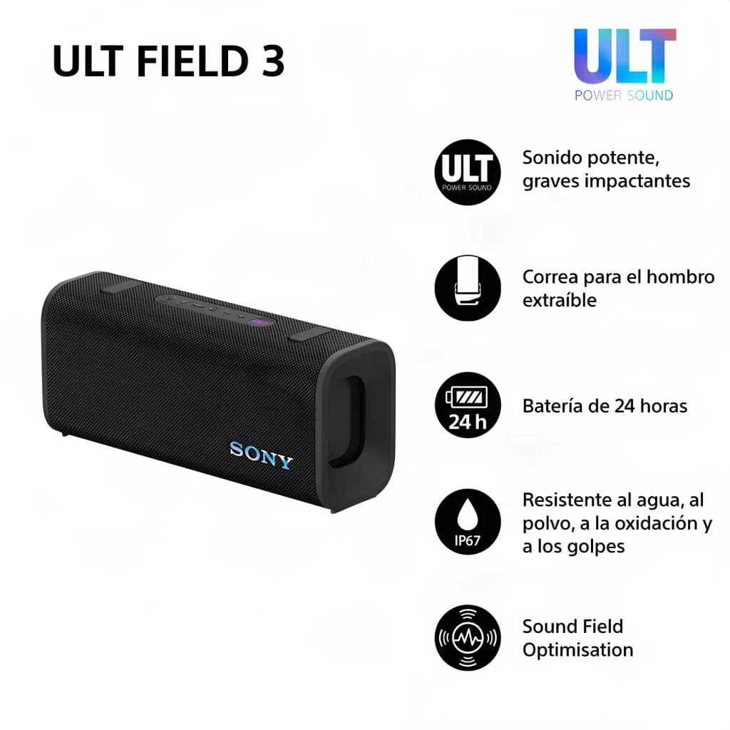 Sony SRS-ULT30 ULT FIELD 3 negro, infografía: bocina en ángulo con iconos de características IP67 y batería 24h