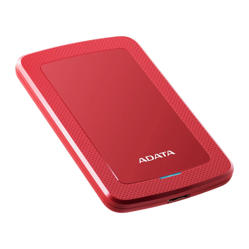 ADATA HV300 1TB rouge, vue avant en angle: couvercle brillant, bordure texturée et LED bleue allumée