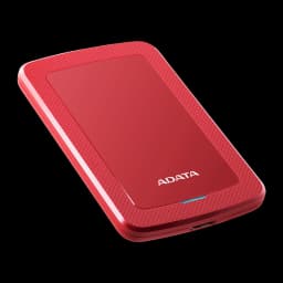 ADATA HV300 1TB rouge, vue avant en angle: couvercle brillant, bordure texturée et LED bleue allumée