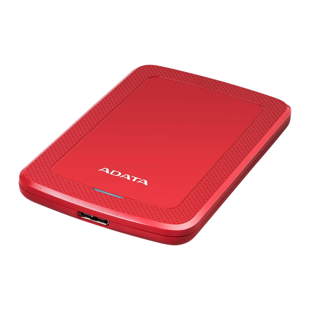 ADATA HV300 1TB rouge, vue avant en angle: couvercle brillant, bordure texturée et LED bleue allumée - Ítem1