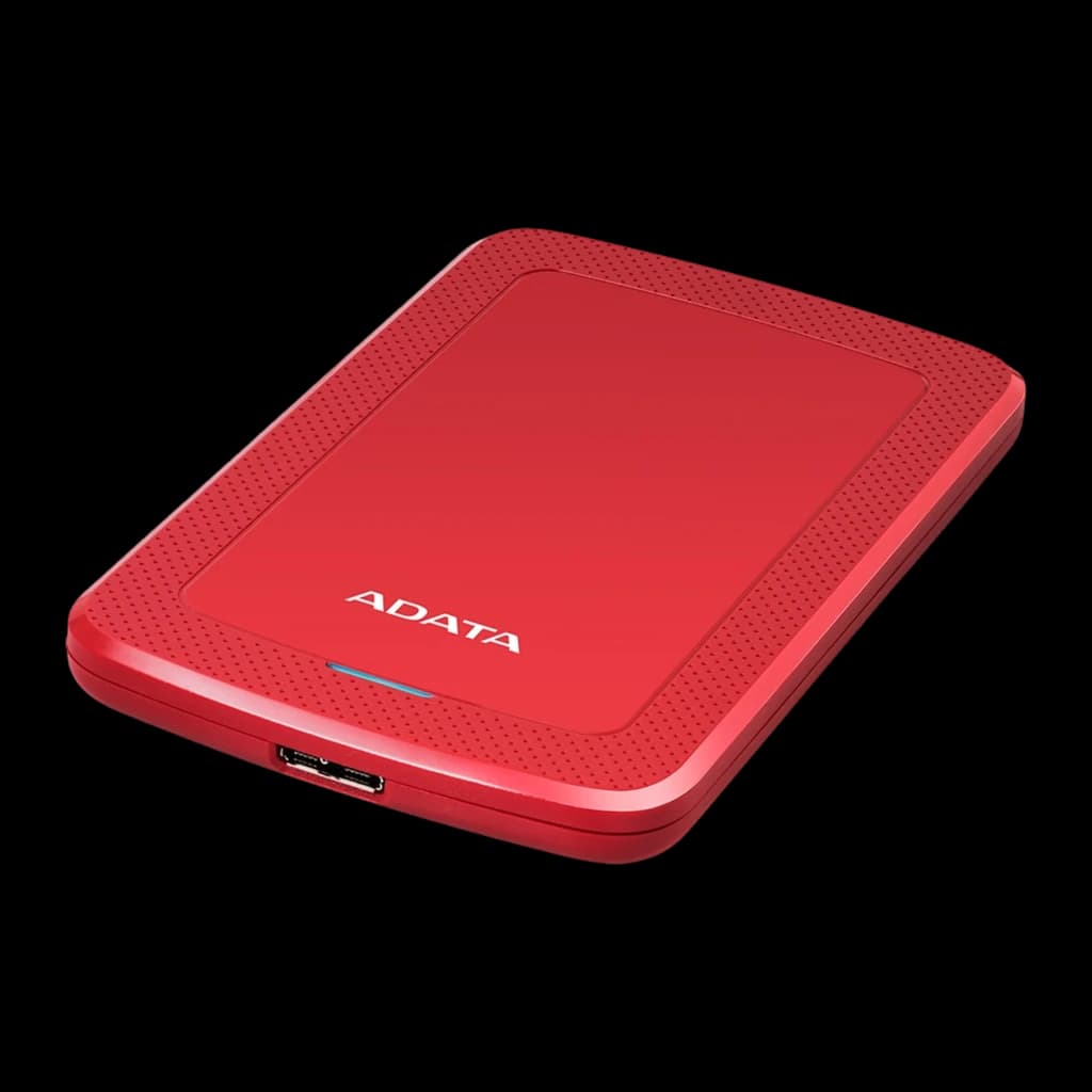 ADATA HV300 1TB rouge, vue avant surélevée: port USB latéral visible et LED bleue sur le bord inférieur