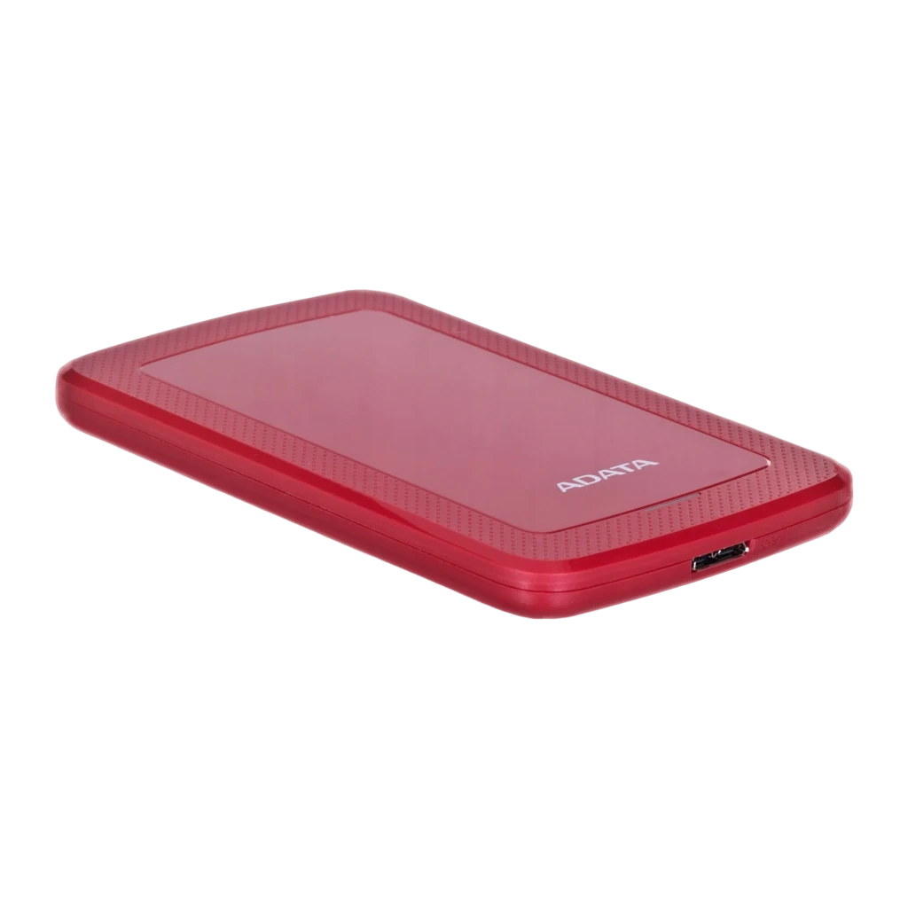 ADATA HV300 1TB rouge, vue avant en angle: couvercle brillant, bordure texturée et LED bleue allumée - Ítem2