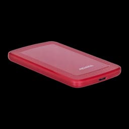 ADATA HV300 1TB rouge, vue latérale basse: profil fin du disque et port micro USB sur le bord droit