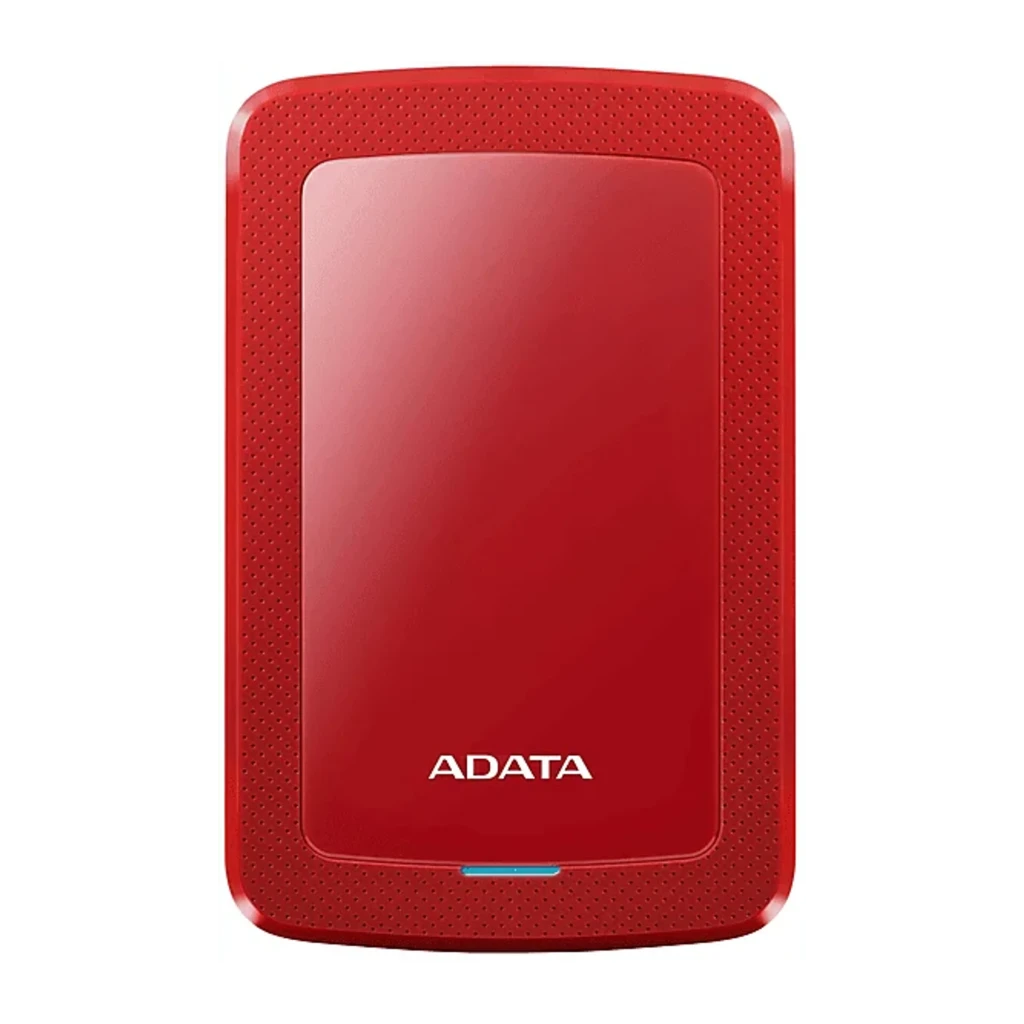 ADATA HV300 1TB rouge, vue avant en angle: couvercle brillant, bordure texturée et LED bleue allumée - Ítem3