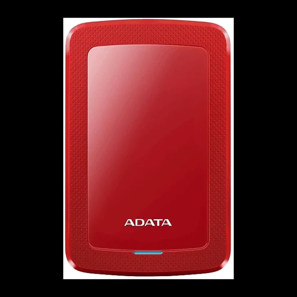 ADATA HV300 1TB rouge, vue avant: boîtier rouge avec bords texturés, logo ADATA et LED bleue en bas