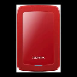 ADATA HV300 1TB rouge, vue avant: boîtier rouge avec bords texturés, logo ADATA et LED bleue en bas