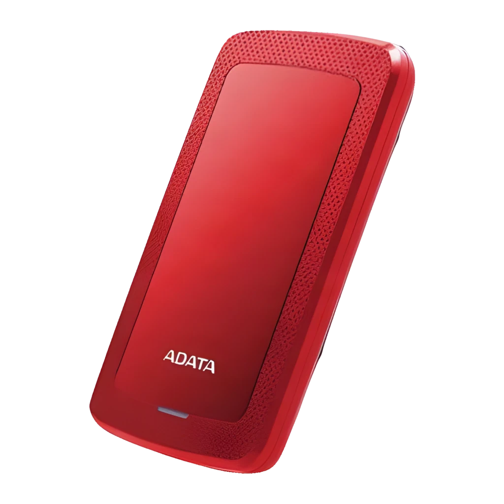 ADATA HV300 1TB rouge, vue avant en angle: couvercle brillant, bordure texturée et LED bleue allumée - Ítem5