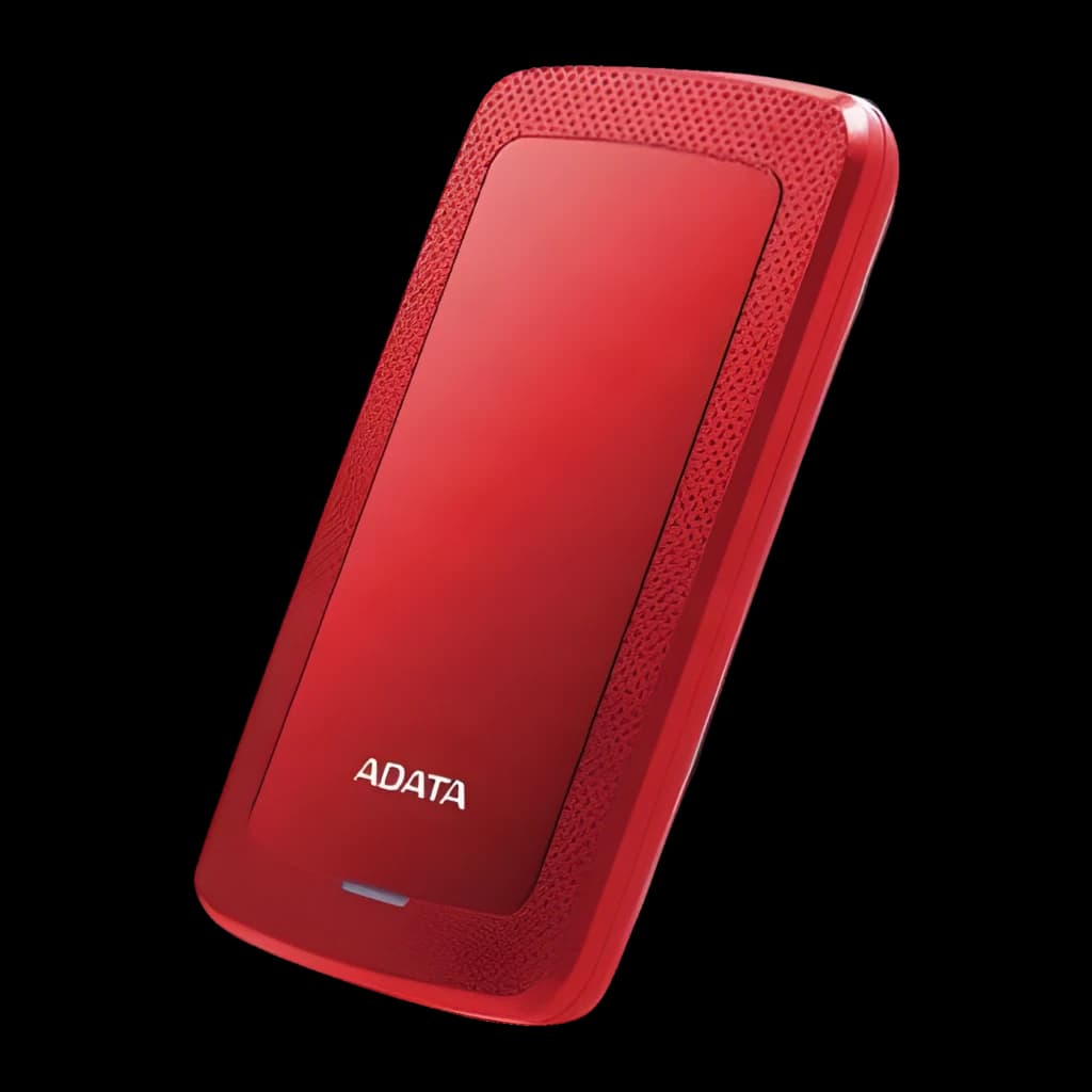ADATA HV300 1TB Rouge, vue avant en angle: surface lisse brillante avec bordure texturée et logo ADATA