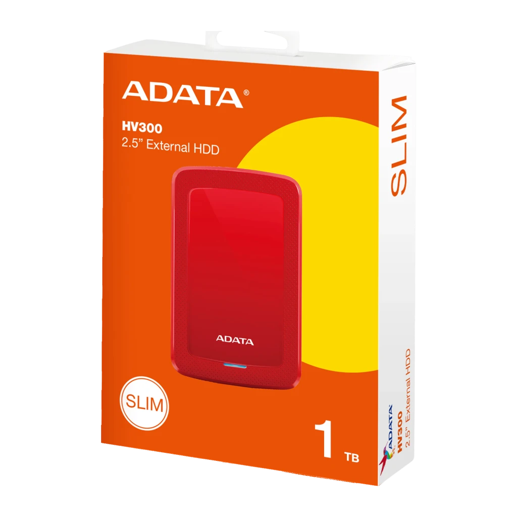 ADATA HV300 1TB rouge, vue avant en angle: couvercle brillant, bordure texturée et LED bleue allumée - Ítem7