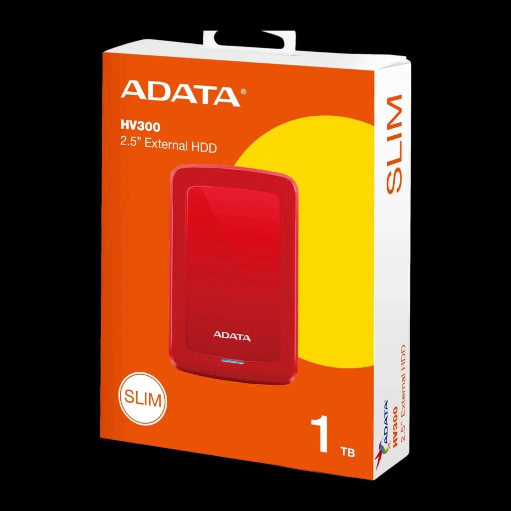 ADATA HV300 1TB Rouge, boîte: emballage orange avec disque rouge, LED bleue et mention SLIM 1TB