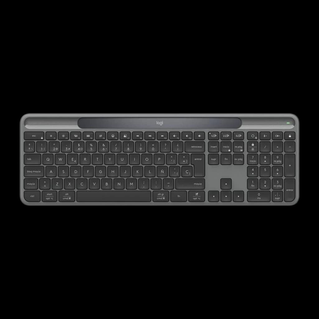 Logitech Signature Slim Solar K980 Business QWERTY grafito, vista superior: teclas completas, panel solar y teclado numérico